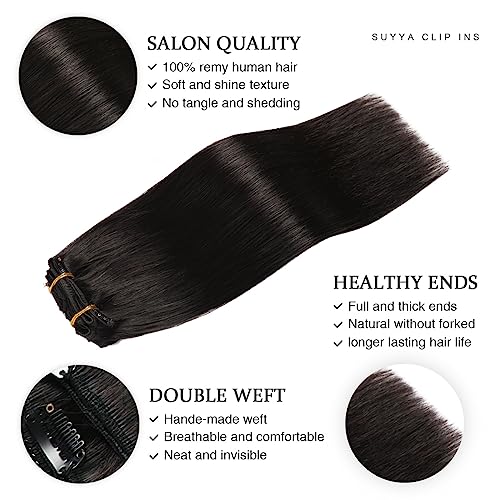 SUYYA Clip in Hair Extensions Real Human Hair,Hair Extensions Clip ins Straight Human Hair Clip ins Double Weft Natural Black Human Hair Clip in Extensions 7pcs 120g (22 inches #1B Off Black)