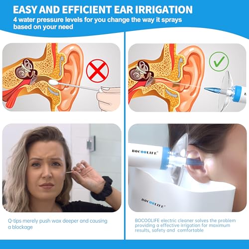 BOCOOLIFE Electric Ear Wax Removal Kit ? Water Flushing Irrigation System Ears Flush Cleaner Powered Cleaning 4 Pressure Settings, Safe & Effective Ear Cleaning for Adults, Includes 5 Tips