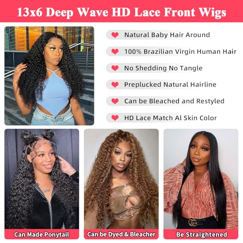 13x6 Deep Wave Lace Front Wigs Human Hair for Women HD Transparent Deep Curly Lace Frontal Wigs Human Hair Pre Plucked Natural color£¨12 Inch)
