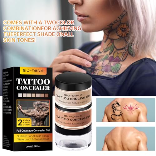 BIO-DIMOT Tattoo Cover Up, 2 Colors Waterproof & Sweatproof Tattoo Cover Up Makeup, Invisible & Natural, Skin-Friendly Body Makeup Suitable for Tattoos, Scars, Spots & Vitiligo (1PCS)