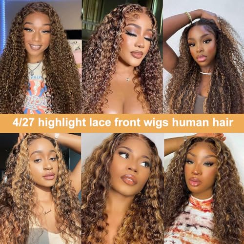 Ombre Lace Front Wig Human Hair 13x4 HD Transparent Deep Wave for Women 180% Density 4/27 Honey Blonde Colored Highlight Curly Glueless Wigs 22Inch Pre Plucked with Baby Hair
