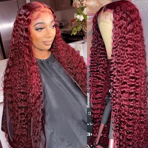 26 Inch 99J Burgundy Deep Wave 13x6 Lace Front Wigs Human Hair 200% Density Lace Frontal Wigs Human Hair Pre Plucked 99j Burgundy Deep Curly Wave HD Lace Front Wigs for Women (26Inch)