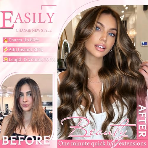 Clip in Hair Extensions Real Human Hair, Seamless Balayage Human hair Clip ins Extensions for Women Invisible Straight 8Pcs Double Weft Dark Brown Highlight Chestnut Brown 22inch 110g