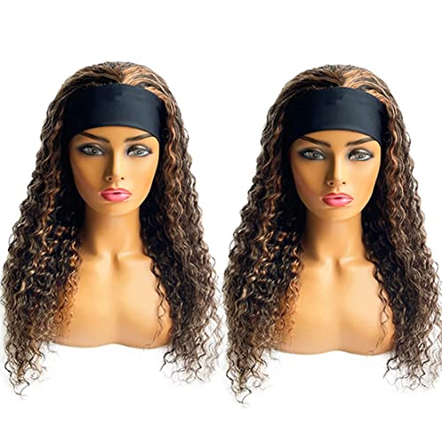Rebasar Blonde Curly Headband Wig Human Hair Colored Highlight Deep Wave 26 Inch Headband Wigs for Black Women Brazilian Virgin Human Hair Glueless Wear and Go Ombre No Lace Front Wig 4/27 Brown