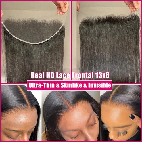 13x6 HD Lace Frontal, 0.11mm Ultra-Thin Skinlike Invisible Swiss Real HD Lace Frontal Closure Pre Plucked with Baby Hair Brazilian Virgin Human Hair Ear to Ear 13x6 Lace Frontal 12 Inch