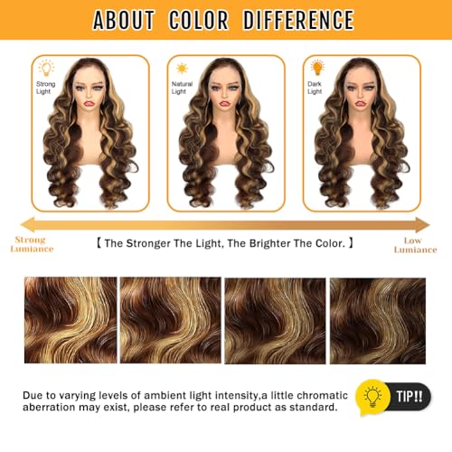 Sheeep Honey Blonde Ombre Lace Front Wigs Human Hair 4/27 Highlight 13x6 Body Wave Lace Frontal Wigs 200 Density HD Glueless Wigs Human Hair for Women 28 Inch