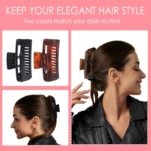 Claw Clip for Women, 4.3" Large 360¡Æ Grip Butterfly Spring Hair Clip, Matte Claw Clips 2 Pack - Strong Hold Rectangle Clips, Durable for Thick Hair, Black & Tortoise