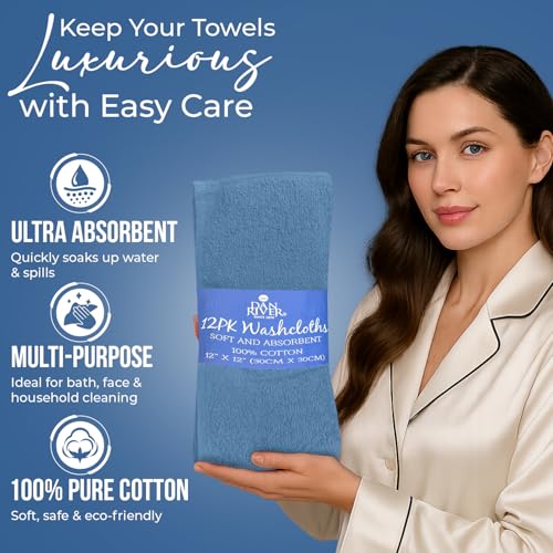 DAN RIVER 100% Cotton Wash Cloths 12 Pack [12x12] Soft & Absorbent wash Cloths for Your face, Gym, Hotels & Spa Perfect for Everyday Use Fingertip Towels, Medium Blue