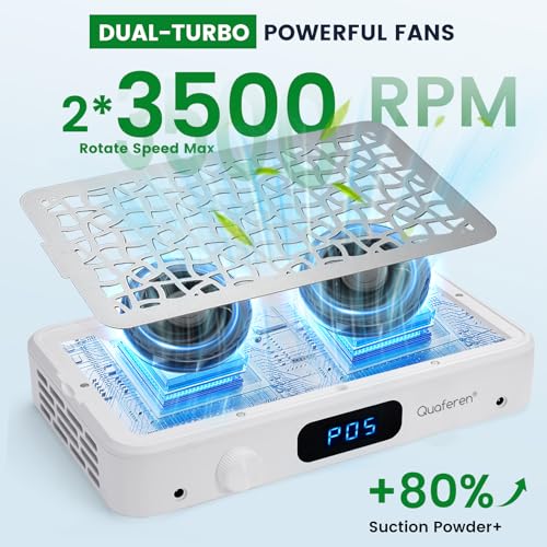 Quaferen Nail Dust Collector: Professional Dual Turbo Nail Vacuum Dust Collector with 5 Speed Powerful Dust Suction LED Display Reusable Filter for Acrylic Nail Polishing, Salon & Home