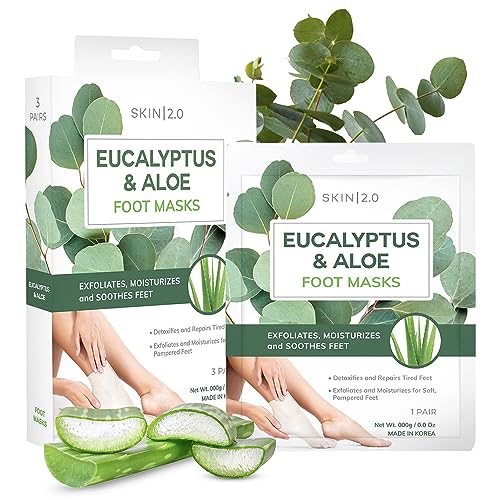 Eucalyptus & Aloe Foot Masks - Moisturizes Tired, Dry & Cracked Feet, Exfoliating & Hydrating - Dermatologist Tested Korean Skincare - Clean Beauty, Cruelty-Free - 3 Pairs