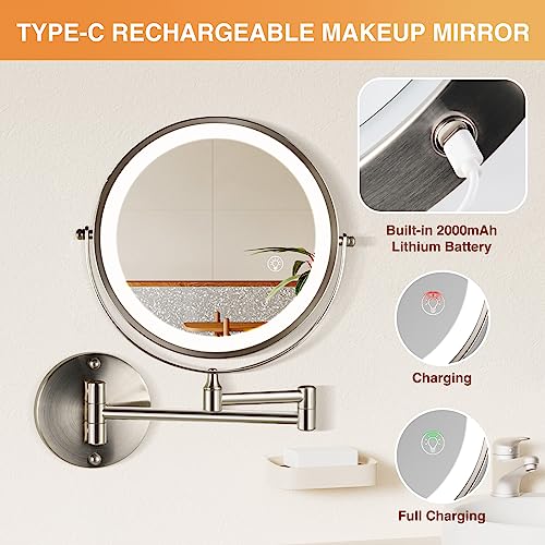 8.5 Inch Rechargeable Wall Mounted Makeup Mirror Brushed Nickel, Double Side Dual-Touch 1X/10X Magnifying Mirror with Light, 3 Color Lights 360¡ÆSwivel Extendable Bathroom Mirror