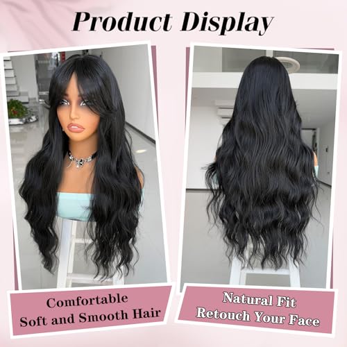 LEOSA Black Wig for Women,Long Wavy Layered Wig with Curtain Bangs 26 Inch Middle Part Curly Wavy Synthetic Wig for Daily Party Use,Natural Black
