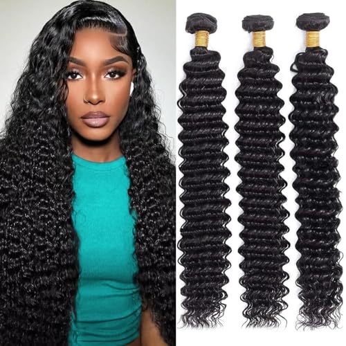 12A Deep Wave Bundles Human Hair 18 20 22 Inch 100% Unprocessed Brazilian Virgin Deep Curly Human Hair 3 Bundles Wet and Wavy Double Weft Deep Wavy Hair Extensions Real Human Hair Natural Black