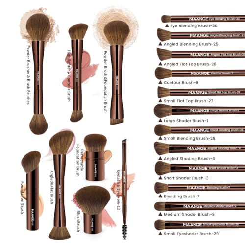 MAANGE 20 PCS Makeup Brush Set with Bag, Double-ended Kabuki Brush Foundation Contour Brush for Liquid Powder Concealer Eye Shadows Cream Cosmetics Blending Blush Face Makeup Tools (Brown)