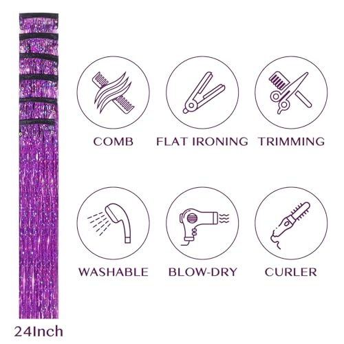 IDN BEAUTY Hair Tinsel Clip in, 6pcs Purple Sparkling Tinsel Hair Extensions 3s Wear and Go for Party Daily Travel Birthday, 24Inch Hair Accessories for Girls Women Kids