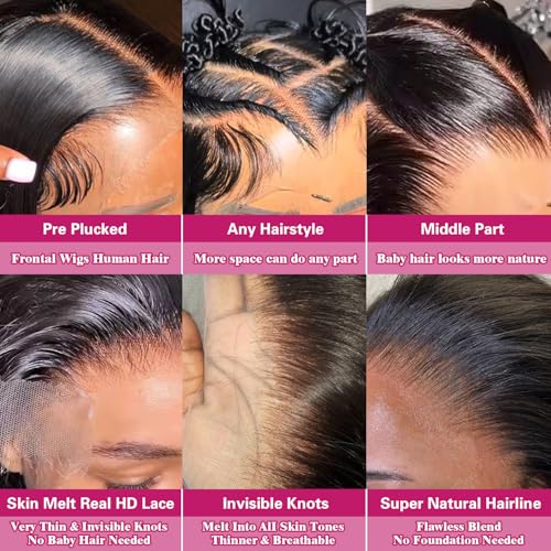 Body Wave Lace Front Wigs Human Hair 200 Density 12a Grade 100% Virgin Human Hair Wigs for Black Women 13x6 Hd Transparent Lace Pre Plucked Natural Black 34 Inch