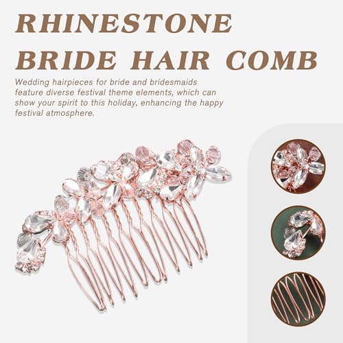Crystal Wedding Hair Comb Silver Bridal Headpiece Bride Sparkly Rhinestone Hair Side Comb Bridesmaid Pearl Hairpieces Side Combs Hair Accessories for Women (Rose Gold)