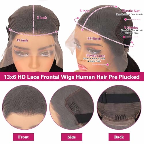 Body Wave Lace Front Wigs Human Hair 200 Density 12a Grade 100% Virgin Human Hair Wigs for Black Women 13x6 Hd Transparent Lace Pre Plucked Natural Black 34 Inch
