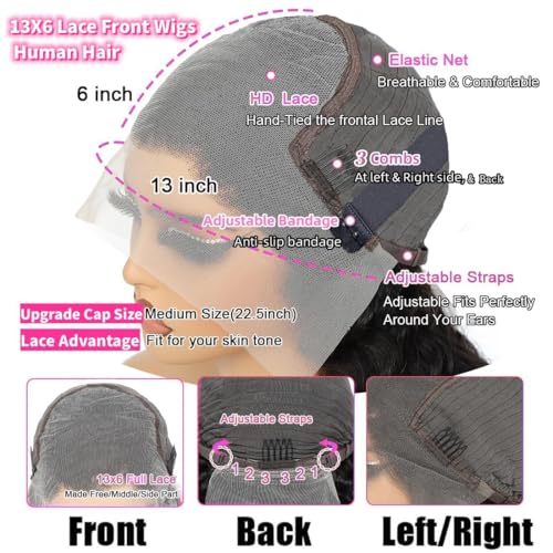 Dianthe Deep Wave Lace Front Wigs Human Hair 180% Density 13x6 HD Transparent Glueless Pre Plucked Deep Curly Wig Wet and Wavy Human Wigs for Women with Baby Hair (Deep Black, 22-Inch)