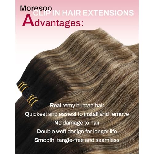 Moresoo Clip in Hair Extensions Real Human Hair Balayage Double Weft Clip in Extensions Human Hair for Long Straight Ombre Black to Brown with Caramel Blonde 7pcs 120g 24inch