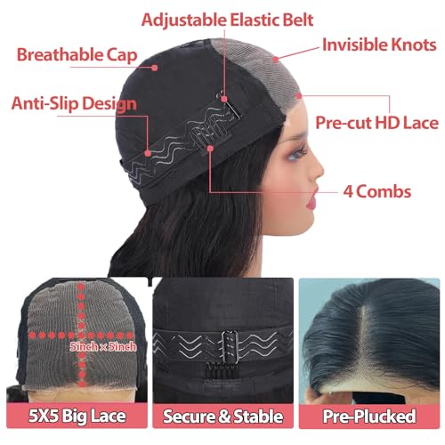 32 Inch 5x5 Body Wave Closure Wig Wear and Go Glueless Lace Closure Wig Pre Plucked Pre Bleached Pre Cut for Beginners 180% Density Body Wave Lace Front Wigs for Black Women Natural Black