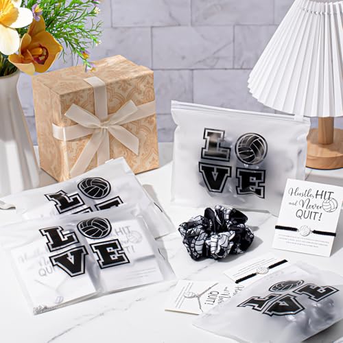 Juexica 48 Pcs Volleyball Team Gifts for Teen Girls: 12 Hair Scrunchies 12 Charm Bracelet 12 Necklace and 12 Love Pattern Waterproof Cosmetic Bags for Players and Volleyball Lovers