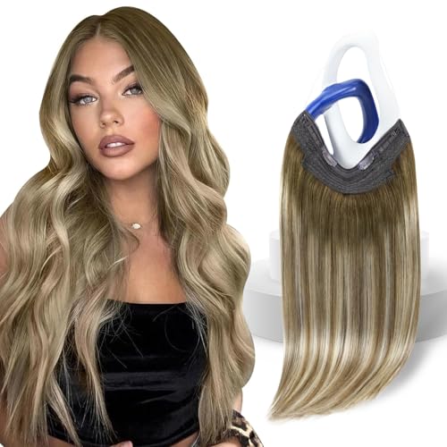 Sunny Hair Wire Hair Extensions Real Human Hair Fish Line Human Hair Extensions Invisible Wire Extensions Brown to Light Brown with Medium Blonde #3/8/22 20 Inch