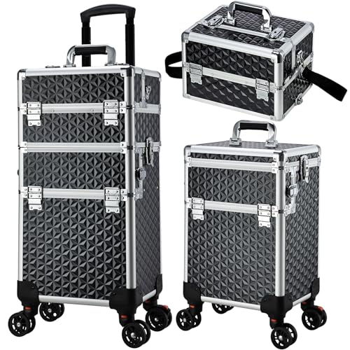 Professional Rolling Makeup Case, 3 in 1 Makeup Train Case, Cosmetology Case on Wheels, Large Makeup Trolley Salon Barber Traveling Trunk Suitcase for Makeup School Nail Tech Hairstylist MUA, Black