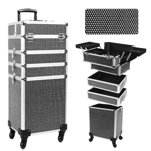 Professional Rolling Makeup Case with Wheels, 5-in-1 Makeup Train Case, Cosmetic Makeup Trolley Cart Travel Cosmetology Case On Wheels with Key for Hairstylists, Nail Tech(Black Crystal)