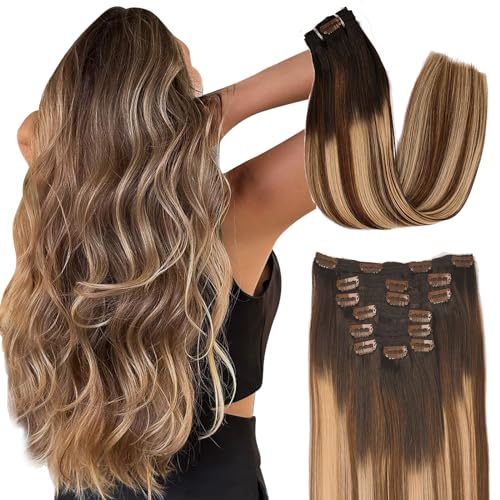 human hair clip in extensions,Soft&Natural clip in hair extensions real human hair 120g 7pcs Straight (24 Inch, 1B/4/27)