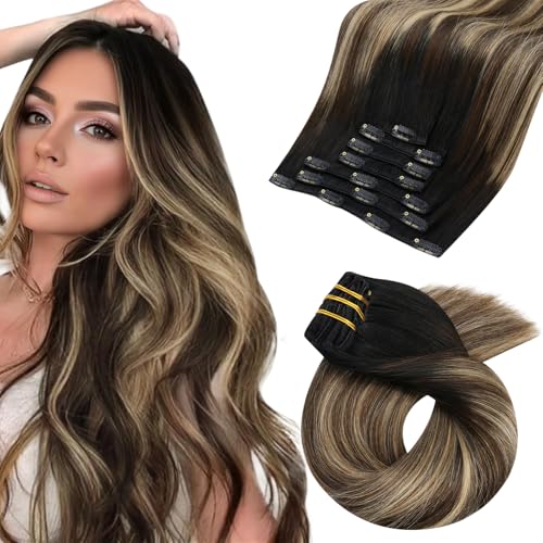 Moresoo Clip in Hair Extensions Real Human Hair Balayage Double Weft Clip in Extensions Human Hair for Long Straight Ombre Black to Brown with Caramel Blonde 7pcs 120g 24inch