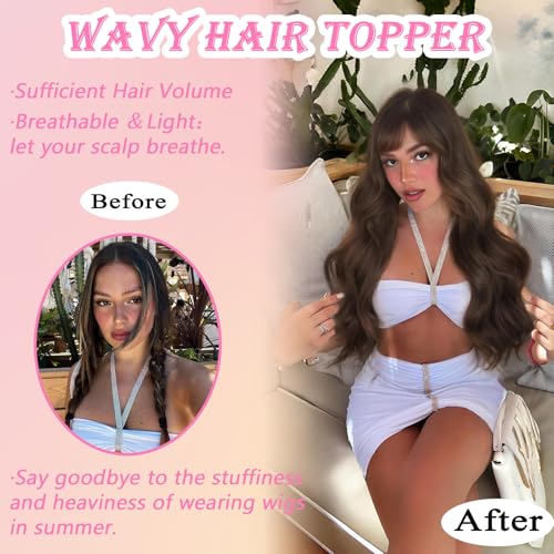 Hair Toppers for Women, 20 Inch Hand Tied Breathable Toppers Hairpieces for Women with Thinning Crown Middle Part Bangs Mix Human Hair Wavy Curly Lightweight Wiglets (Dark Brown Mixed Chestnut)