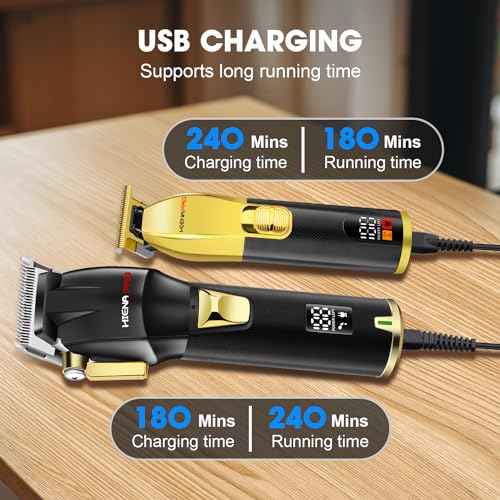 HIENA PRO Professional Hair Clippers Set for Men, Cordless Barber Kit for Haircut, Clippers and Trimmers Set, Hair Cutting Kit with LED Display & Rechargeable USB, Gifts for Men (Black Gold)