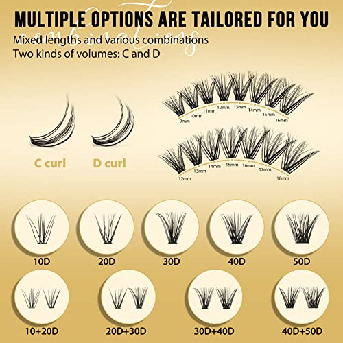 QUEWEL Lash Clusters 320Pcs Cluster Lashes 40D D Curl Lash Cluster Eyelash Extensions Mix9-16mm Individual Eyelashes Clusters Wispy Lash Clusters Thin Band Soft to Use at Home(40D D Mix9-16)