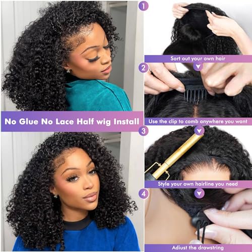 Kinky Curly Half Wig Human Hair 180% Density 3 In 1 Seamless Flip Over Half Wigs Human Hair Glueless Wear and Go Beginner Friendly 24 Inch Drawstring Headband Wig Human Hair for Women Natural Black
