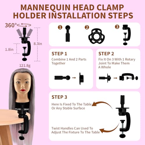 28" Cosmetology Mannequin Head With Hair - Doll Head For Hair Styling | wig Mannequin Head For Braiding, Cutting & Styling Practice | Includes Free Wig Stand & Hair Tools Set (Dark Pink)