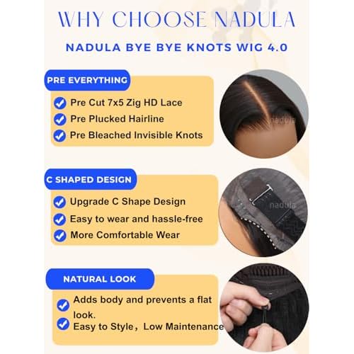 Nadula Bye Bye Knots Glueless Wig Yaki Straight Human Hair Pre Cut 7x5 Invisible Knots HD Lace Front Put on Go Wig Pre Plucked Ready to Go Light Kinky Staight Wigs 150% Density 14inch