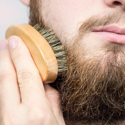 Beard Brush and Comb Set with Mustache Scissors Grooming Kit, Natural Boar Bristle, Dual Action Wood Comb, Dual Side Brush for Men's Facial Hair, Travel Bag