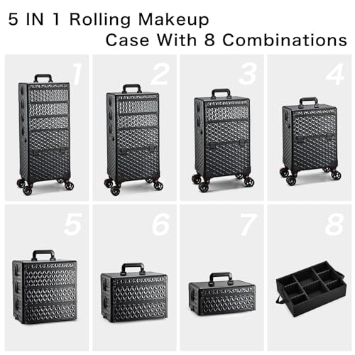 5 in 1 Makeup Train Case, Cosmetology Case on Wheels Travel Make up Case Rolling Nail Cart Makeup Organizer Cosmetic Storage Box Cases Extra Large Trolley Truck with 360¡Æ Swivel Wheels, Black