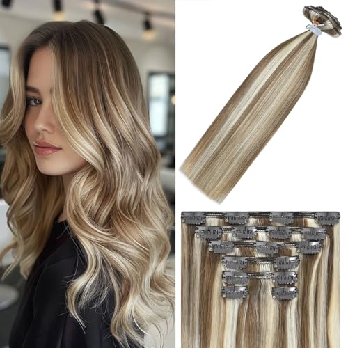 WindTouch Clip In Hair Extensions Ash Blonde To Platinum Blonde Human Hair Highlights For Blonde Full Head 20Inch 120g 7PCS Remy Hair Extensions