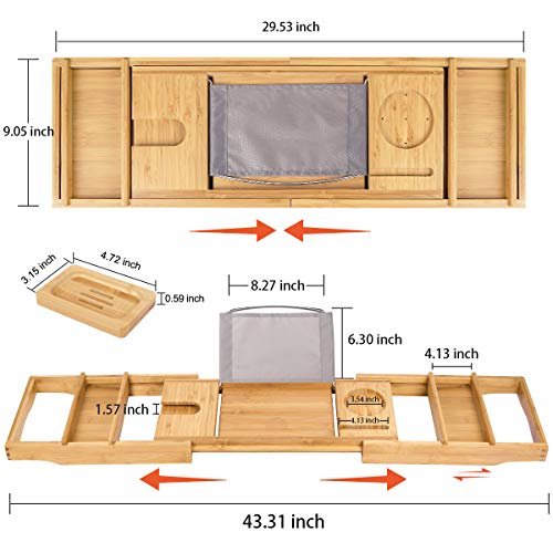 Bamboo Bathtub Caddy Tray Expandable for Luxury Bath, Bath Accessories & Table with Wine Glass Holder, Book Stand Bathroom Organizer with Extending Sides for Men/Women,Natural