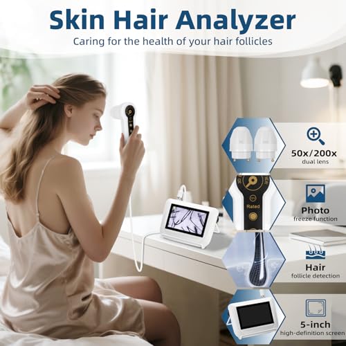 Skin Hair Analyze, Scalp Analysis Machine, 5 Inch LCD Screen Rechargeable Digital Scanner for Skin & Hair Analysis, 50x/200x DualHeads, Digital Skin Health Detection Use for Home and Salon