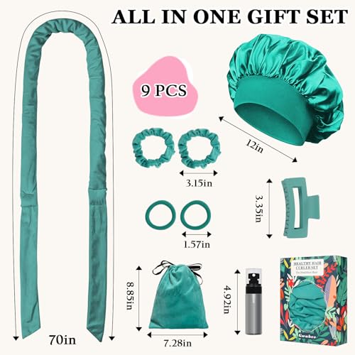 No Heat Overnight Curl Headband, 70" Soft Ribbon Wrap for Long Hair, 9 PCS Hair Curling Rods Set - Blue Green
