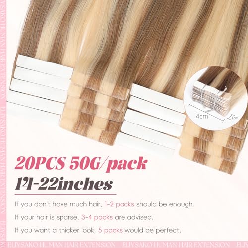 Professional Invisible Tape Hair Human Hair Extensions 100% Remy Hair #613/18 Brown Light Brown Mix Blonde 20inch 50G/20s Tape in Extension Premium Human Hair Extensions Tape in Adhesive