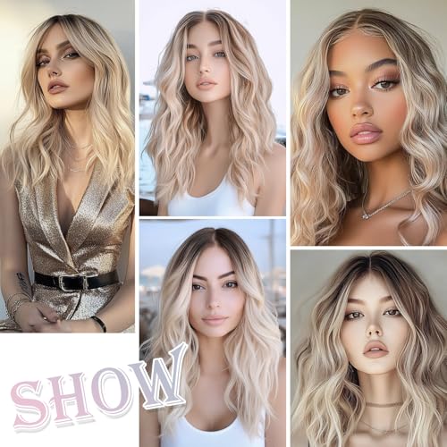 Ombre Blonde Ash Wavy Wigs Human Hair Medium Length for Women Natural Looking Heat Resistant Dark Roots for Party Daily Use (Blonde,18 Inch)