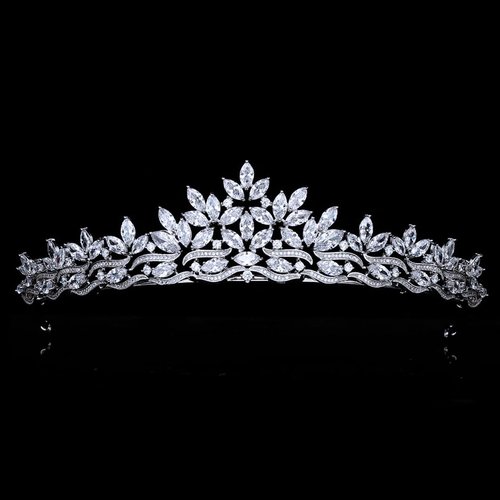 Sparkling CZ Tiaras for Women Floral Bride Crown Platinum Plated Wedding Quinceanera Prom Homecoming Crowns Flower Wave Design Bridal Jewelry Gift