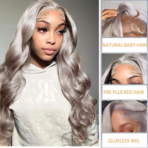 Grey Tranparent Lace Front Wigs Human Hair Pre Plucked 30 inch 13x6 Body Wave Wigs 180% Density Glueless Wig with Baby Hair for Black Women