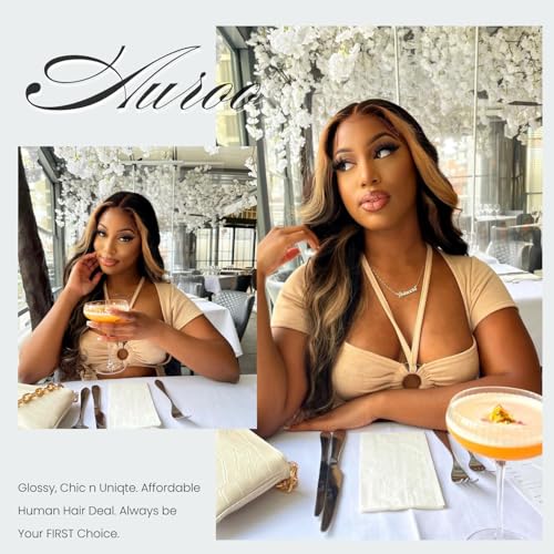 13x4 Honey Blonde Highlight Frontal Closure Only Human Hair Body Wave, 12A Virgin Ombre Skunk Stripe HD Transparent Ear to Ear Lace Frontal Closure Human Hair Pre Plucked (150% Density, 12 Inch)