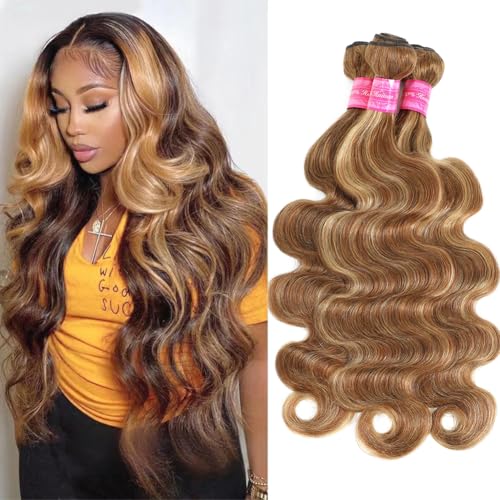 Seekomi Ombre Highlight Body Wave Bundles Human Hair 18 20 22 Inch 12A 100% Virgin 4/27 Colored Brown and Blonde 3 Bundles Human Hair Double Weft Quick Weave for Women, 300g
