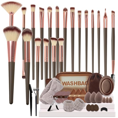 Makeup Brush Set, 48Pcs Makeup Tool Set Premium Synthetic Foundation Concealers Powder Eye Shadows Makeup Brushes Kit for for Beginner Professional, Brown